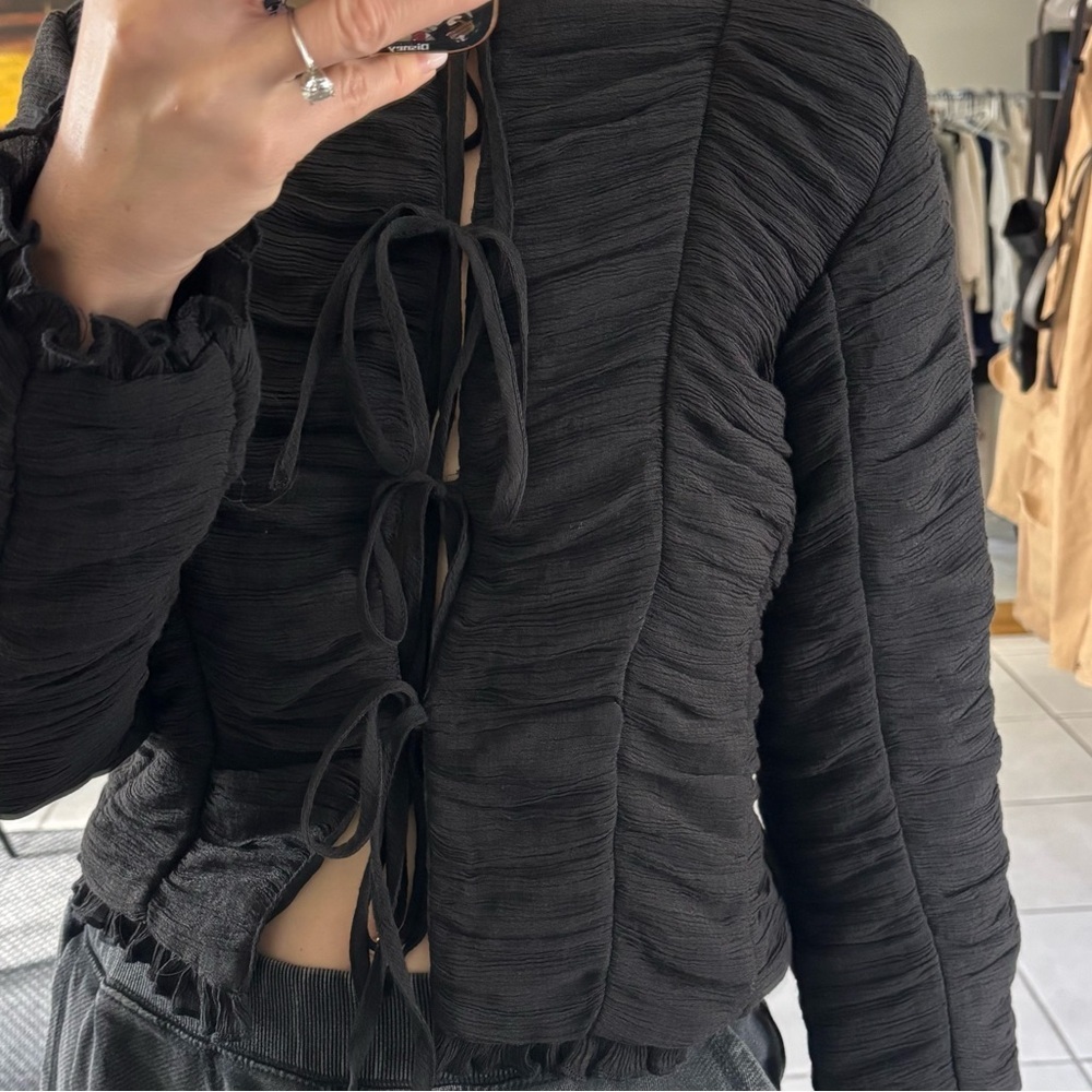 Zara tulle rushed Black Long Sleeve Top with ties XS